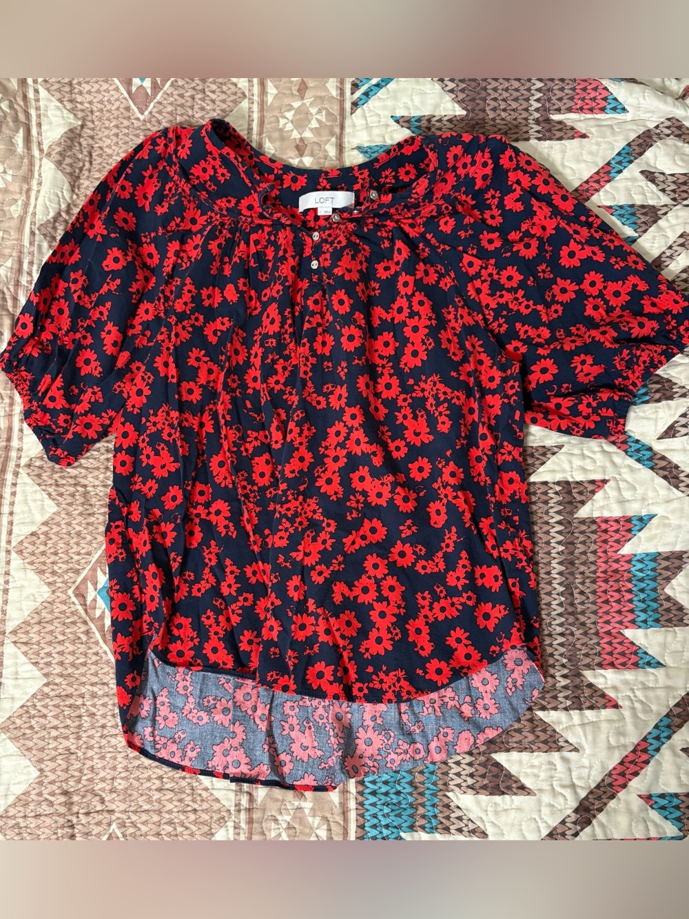 LOFT Navy Blouse with Red Floral Tie-Neck